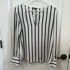 Express Black and White Striped V-Neck Tie Front Blouse